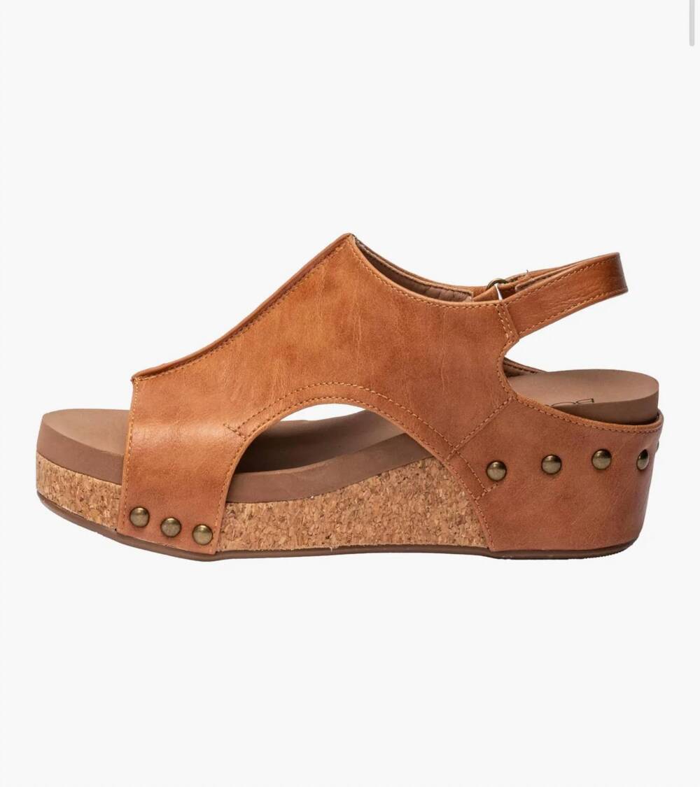NEW CORKYS FOOTWEAR women's a step above faux leather wedge sandals in tan